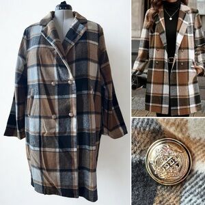 Shein Curve Plaid Double Breasted Coat Brown Black Check 4XL